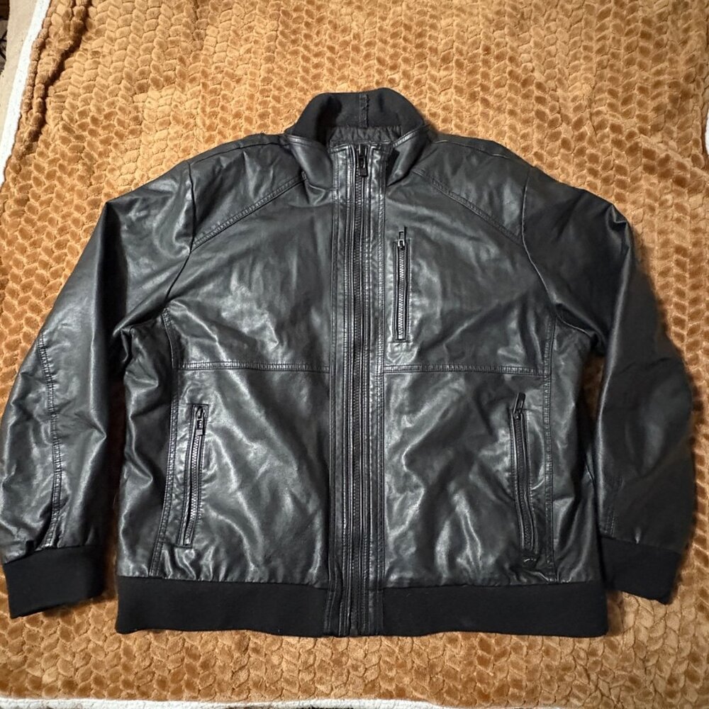 Calvin Klein Black Faux Leather Mens Bomber Jacket Zipper Pockets XL - Picture 2 of 10
